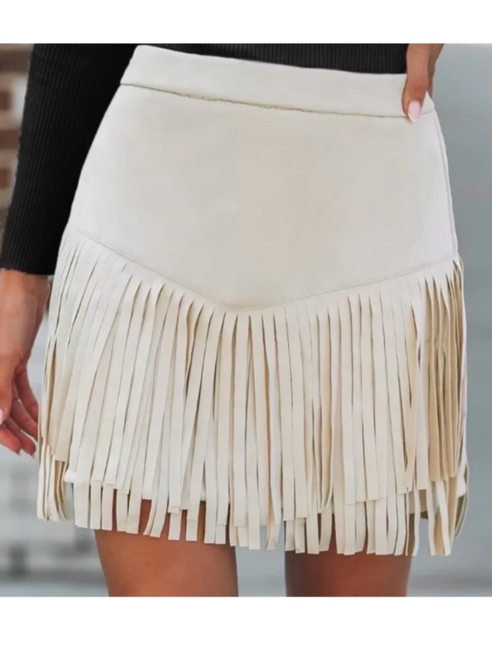 Fringe Suede Cream Mini Skirt - Picture 1 of 5